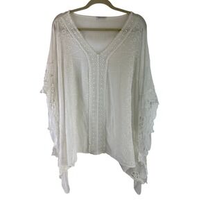 Aquavita Resort Poncho Top Cover Up White Gauze Boho Crochet Lace Trim One Size